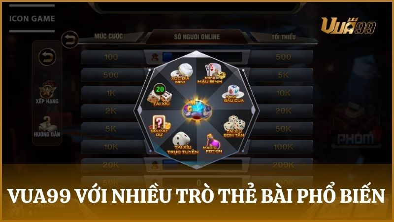 Giao diện sảnh game bài VUA99 với nhiều trò thẻ bài phổ biến