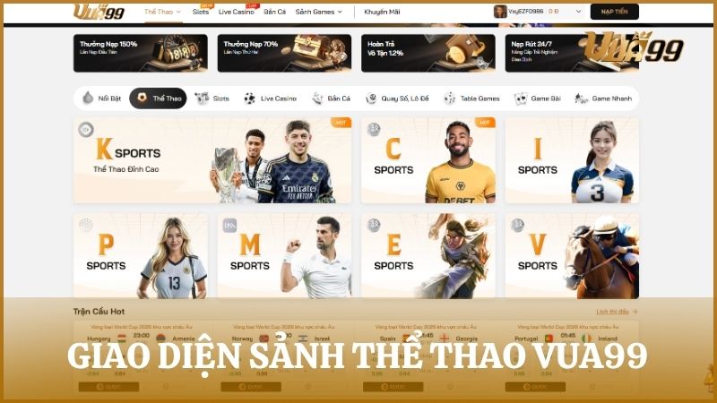 Giao diện thể thao VUA99 hiển thị tỷ lệ kèo dễ theo dõi