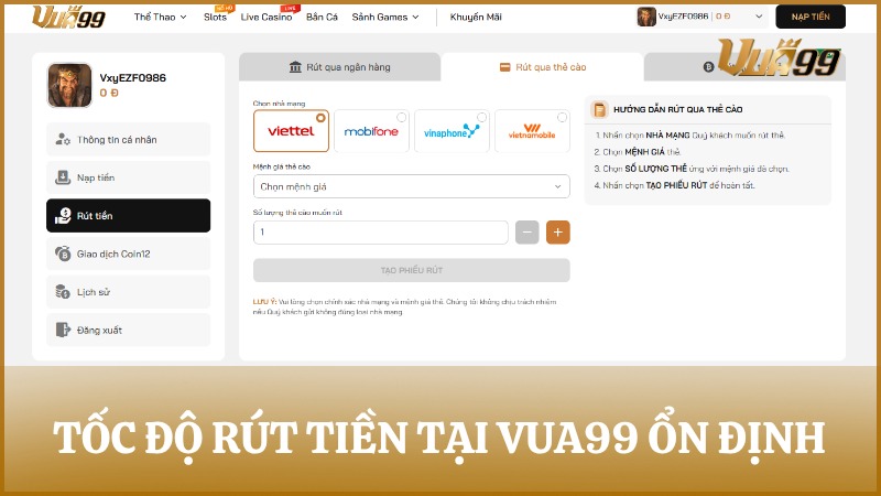 Hệ thống rút tiền VUA99 xử lý tự động trong 5 đến 7 phút