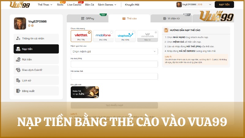 Nạp tiền vào VUA99 thẻ cào Viettel, VinaPhone
