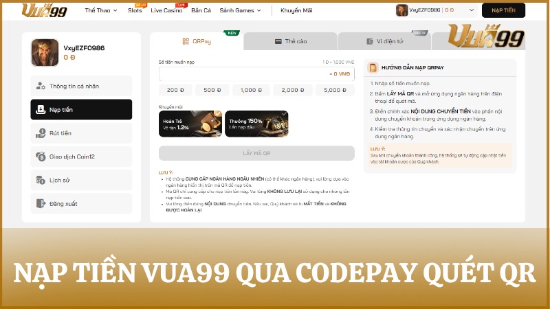 Nạp tiền VUA99 Codepay QR Banking hạn mức cao